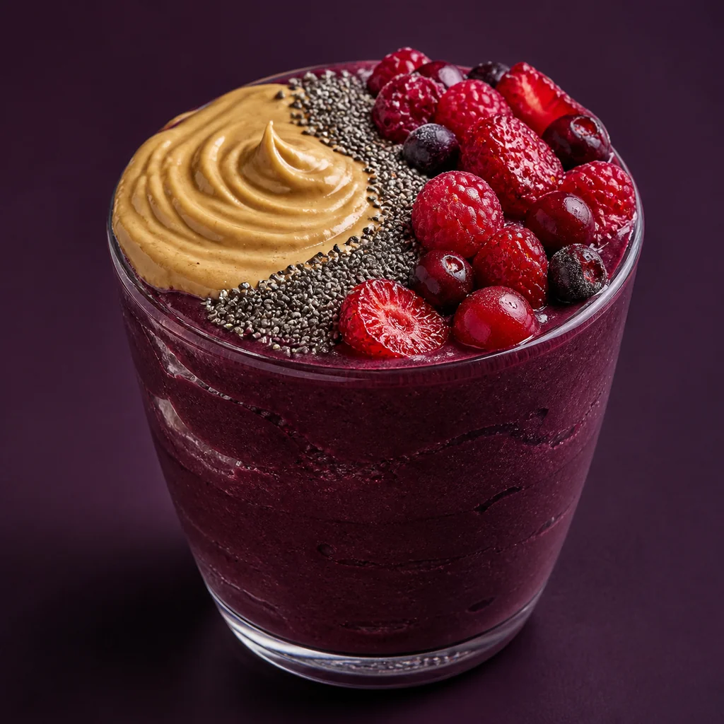 Copão Fit de açaí com pasta de amendoim, chia e frutas vermelhas