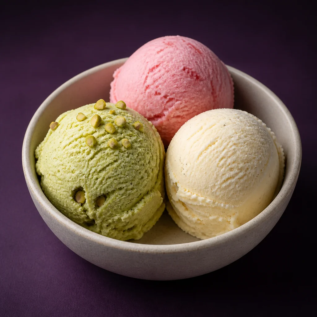 Sorvete artesanal de pistache, morango e creme de baunilha