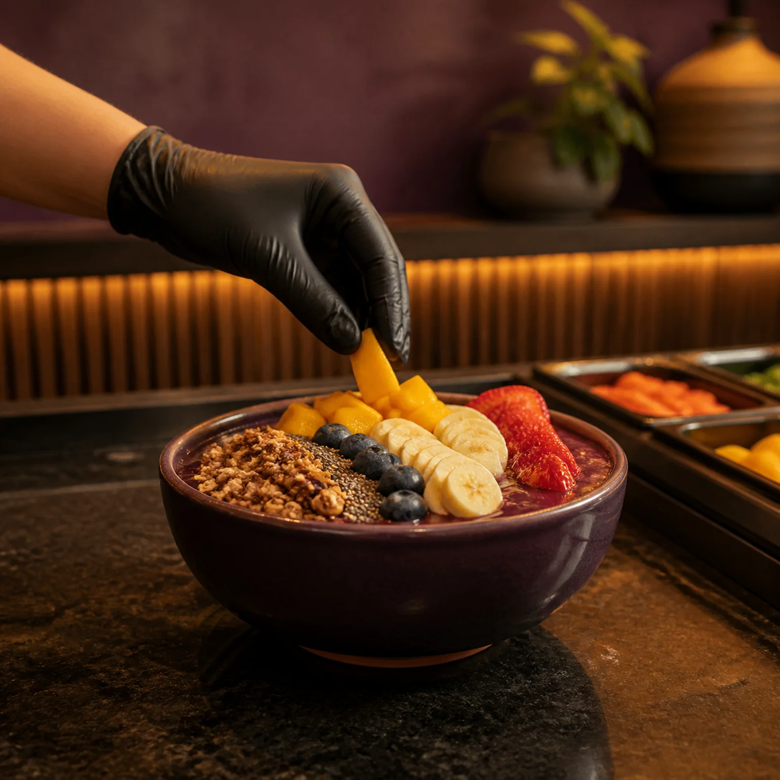 Preparo demonstrativo de uma tigela de açaí com frutas frescas